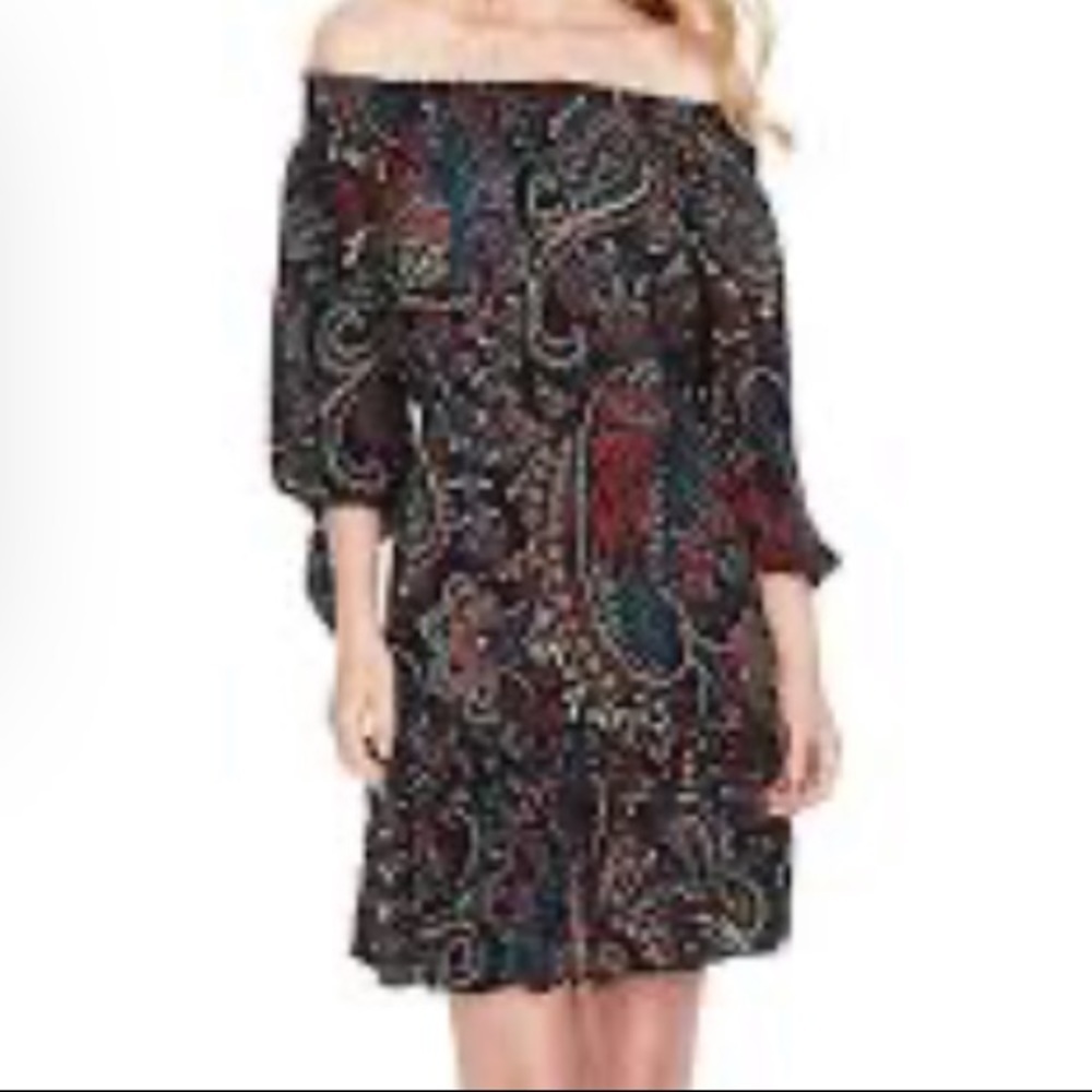 Jessica Simpson Boho paisley DRESS Off the Shoulder Ruffled Hem 3/4 Sleeve Rodeo